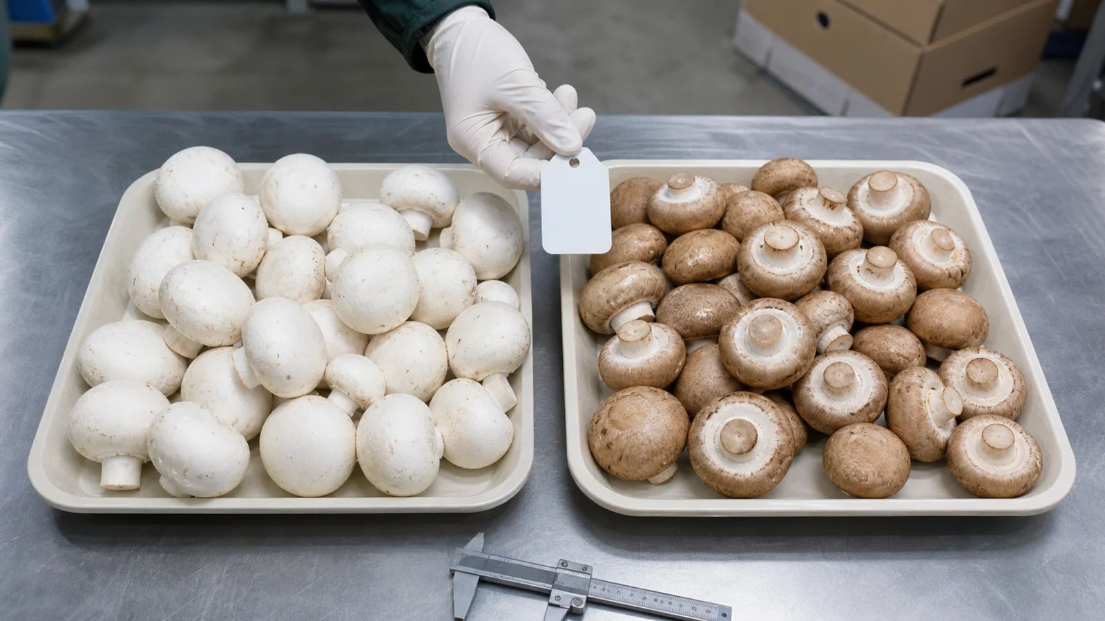 White button mushrooms and brown mushrooms compared in trays on a cold-room QC bench for wholesale buying review